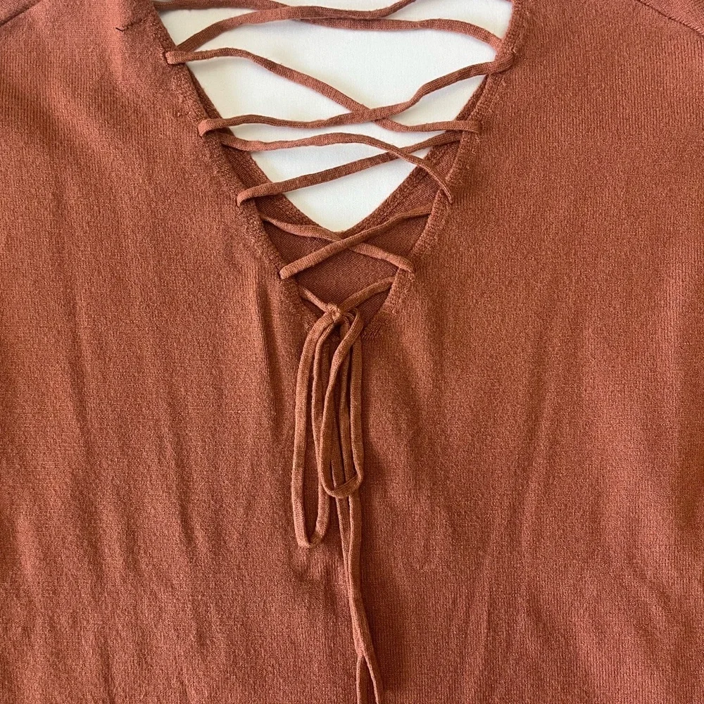 Rust V-Neck Sweater with Crisscross Detail